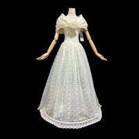 Jessica McClintock 1980s vintage wedding dress, white lace gown with organza off the shoulder wrap