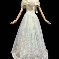 Jessica McClintock 1980s vintage wedding dress, white lace gown with organza off the shoulder wrap