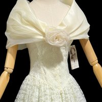 Jessica McClintock 1980s vintage wedding dress, white lace gown with organza off the shoulder wrap