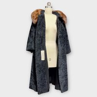 LILLI ANN 1950s vintage swing coat, Black fluffy cozy boucle evening swing coat with mink collar, one size