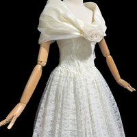 Jessica McClintock 1980s vintage wedding dress, white lace gown with organza off the shoulder wrap