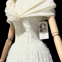 Jessica McClintock 1980s vintage wedding dress, white lace gown with organza off the shoulder wrap