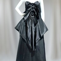 HOLLY HARP vintage 1980s ball gown, Black satin architectural peplum dress