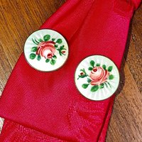 vintage 1940s clip Earrings, Norway 925 Sterling Silver, Guilloche Round Rose Hand Painted Clip on Earrings Mid Century Scandanavian