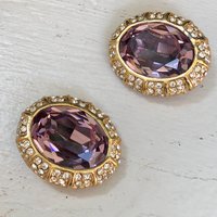 vintage CINER HUGE clip earrings, smoky purple faceted rhinestone gold clip on statement earrings, dynasty hollywood glam, 2 inches
