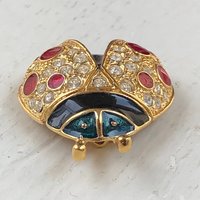 ROMAN signed Lady Bug Pin Brooch, vintage 1980s enamel rhinestone brooch, gold red green figural bug pin