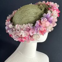 SCHIAPARELLI vintage 1960s flower hat, Designer green net open top floral wreath hat, Pink White Purple Green Midsommar summer flower crown