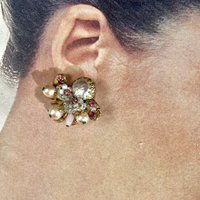 Vintage 1950s clip earring, EUGENE Faux baroque pearl and pink rhinestone hugger, Miriam Haskell clip on earrings, Bridal earrings