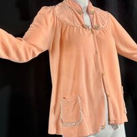 vintage 1930s bed jacket, Soft peach terry cloth with pink trim, frog accents jacket house coat lingerie top