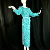 Vintage 1980s evening dress, Powder blue Teal silk full length sheath gown with silver beads and sequins, long sleeves wedding party dress