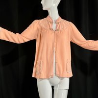 vintage 1930s bed jacket, Soft peach terry cloth with pink trim, frog accents jacket house coat lingerie top