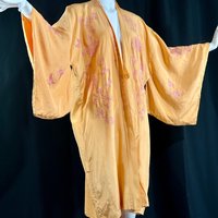 1920s silk flapper kimono / evening opera coat, Melon with Pink Embroidered Birds and Flowers