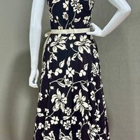 COCO CALIFORNIA, vintage maxi dress, 1960s Black and Off White floral maxi cocktail party dress, Ruffled collar fit and flare