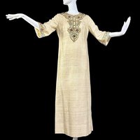 Custom Made 1960s vintage caftan evening dress, raw silk embroidered beaded gown, with genuine carnelian stones