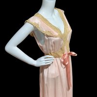 1930s Vintage Nightgown Slip Dress, soft pale pink with beige lace