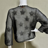 1950s vintage crochet cardigan, black cotton open weave sweater