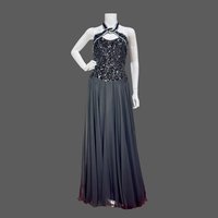 MIKE BENET FORMALS vintage prom dress, Black chiffon skirt with sequin halter bodice