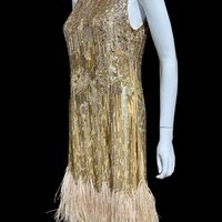 Y2K vintage sequin tank dress, Gold sequins & pink feather shift cocktail dress