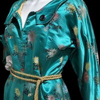 THE FRENCH SHOP 1950s vintage dressing gown robe, Custom Made teal green silk damask house dress