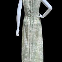 LESLIE FAY 1960s Vintage evening dress, green gold metallic column maxi dress