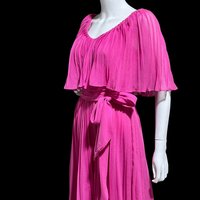 MISS ELLIETTE 1960s vintage Hot Pink pleated cocktail dress, ruffled collar party dress