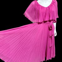 MISS ELLIETTE 1960s vintage Hot Pink pleated cocktail dress, ruffled collar party dress