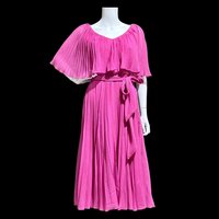 MISS ELLIETTE 1960s vintage Hot Pink pleated cocktail dress, ruffled collar party dress