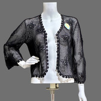 1950s vintage crochet cardigan, black cotton open weave cropped sweater
