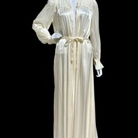 1940s vintage dressing gown, shiny liquid white satin with waterfall back house dress
