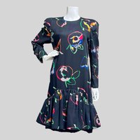 PAULINE TRIGERE for Nan Duskin 1980s vintage dress, black abstract floral work day dress