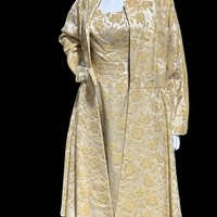 CUSTOM MADE 1960s vintage 2pc Gold Silk Damask Dress and Matching Coat
