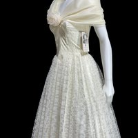 Jessica McClintock 1990s vintage wedding dress, white lace gown with organza off the shoulder wrap
