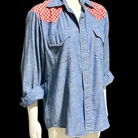 WOOLRICH 1970s vintage western shirt, Cambray Blue Cotton blend, red white gingham pearl snaps