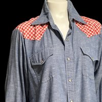 WOOLRICH 1970s vintage western shirt, Cambray Blue Cotton blend, red white gingham pearl snaps