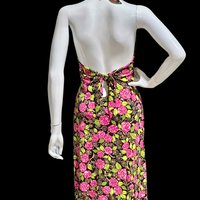 NICOLE MILLER vintage Y2K halter maxi dress, rose print knit jersey dress