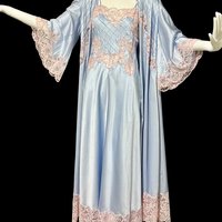 CHARLOTTE HILTON, vintage nightgown peignoir set, shiny powder blue sheath with pink lace