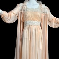 1960s vintage peignoir nightgown robe set, pinky peach sheer nylon and lace house dress