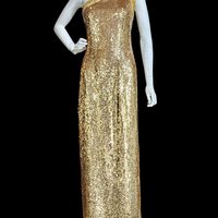 JEET 1980s vintage evening dress, shiny snakeskin gold sequin and beaded one shoulder sheath gown