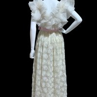 WILLIAM PEARSON, 1970s vintage evening dress gown, white ruffles and roses