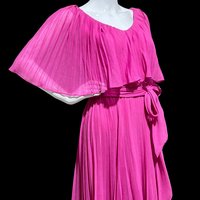 MISS ELLIETTE 1960s vintage Hot Pink pleated cocktail dress, ruffled collar party dress