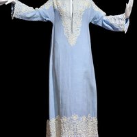 BONWIT TELLER REBECCA evening caftan dress, heavily beaded soutache boho hippie blue linen cocktail party maxi gown