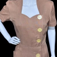 MOYGASHEL 1940s vintage linen dress, taupe color linen day dress, wrap button front dress