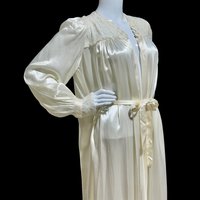 1940s vintage dressing gown, shiny liquid white satin with waterfall back house dress