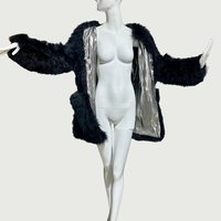 AZZARO PARIS vintage marabou feather jacket, fluffy black car length evening jacket, hook closures, medium large