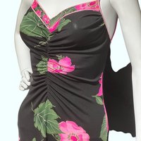 LEONARD Paris vintage cocktail dress, black floral bodycon sheath slip dress, Hot Pink Bold flowers