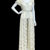 CLAIRE SANDRA Lucie Ann vintage 1960s dressing gown, sheer white lace nylon grecian goddess hostess gown full cut housecoat, OSFM