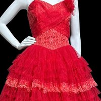 1950s vintage prom dress, Lipstick Red tulle cupcake evening gown