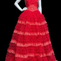 1950s vintage prom dress, Lipstick Red tulle cupcake evening gown, cocktail party dress, tiered and ruffled full circle net skirt