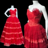 1950s vintage prom dress, Lipstick Red tulle cupcake evening gown