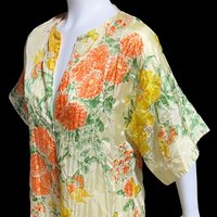 THE ROBERIE vintage caftan dress, Light Airy Embossed Flower and Butterflies zip Front House Dress, Orange and yellow